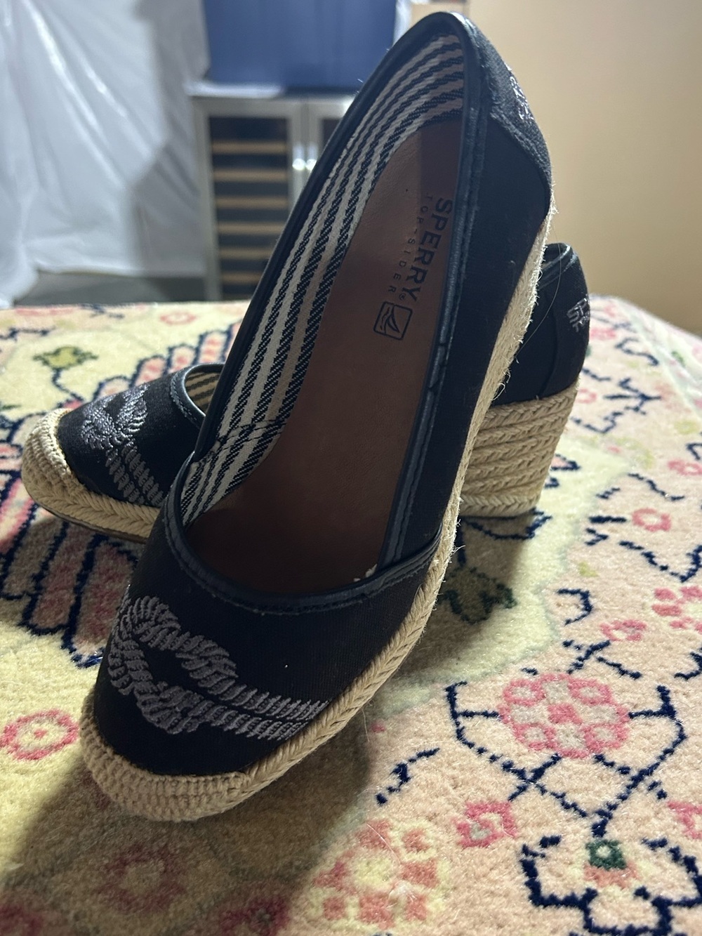 Sperry Black Espadrille Rope-Embroidered Wedge